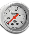 Front view of Auto Meter 4321 Ultra-Lite mechanical oil pressure gauge, 2.3125 in, white dial with orange needle.
