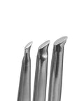 Close-up view of Leather Beveling Set Pro Grade Three Piece Undercut Bevelers in stainless steel, various sizes for edge carving.