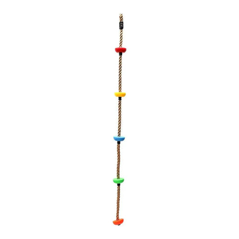 Colorful Climbing Rope Six Point Five Feet With Five Knotted Foot Holds For Kids Ninja Warrior Setup Slackline Obstacle Course Backyard Play Gear Safe Tough And Fun For Young Climbers Kid Friendly And Easy To Use showing full length with knotted foot holds