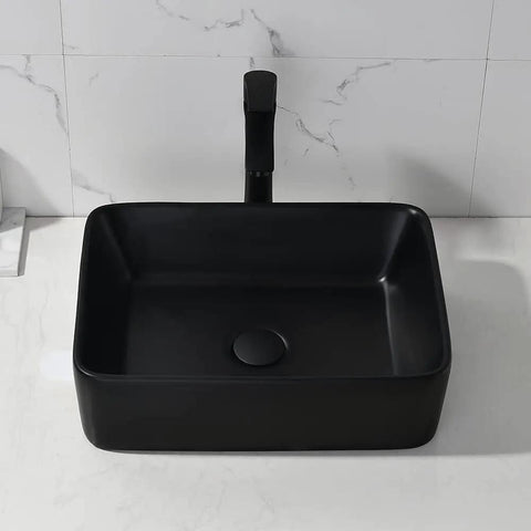 Matte Black Vessel Sink With Faucet And Drain Included, 19 By 15 Inch Rectangular Above Counter Ceramic Vanity Basin