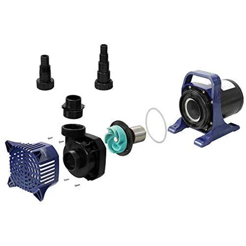 Submersible pond water pump with blue motor housing and assorted adapters and fittings.