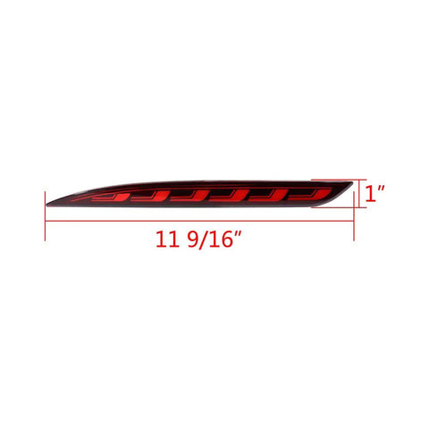 Straight Swap Led Rear Bumper Brake Lights With Sequential Drl Turn Signal Lamps For 2020 To 2023 Tesla Model Y Red Housing, side view dimensioned at 11 9/16" x 1".