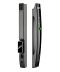 Slick Smart Lock Featuring Rapid Fingerprint Scanner Digital App Control Remote Password Plus IC Card Key Entry For Wood Or Metal Doors, sleek black design.