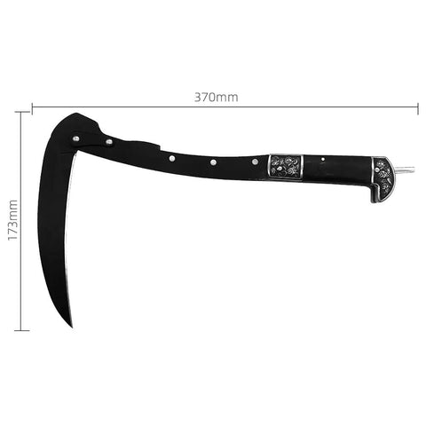 All-Black Sharp Edge Folding Sickle With Wooden Handle, 370mm reach, 173mm blade, side view with dimensions shown