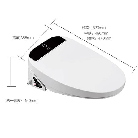 Smooth Operator Smart Toilet Seat Cover Featuring Auto Heated Bidet Function Remote Controlled Warm Air Drying compact waterproof lid, side view with dimensions.
