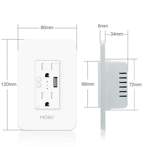 Smart WiFi In Wall Outlet With USB And Type-C Ports, 15A Divided Socket, dimension diagram, front and side view, white color.
