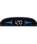 Smart GPS Head Up Display With Anti Glare Hd Screen For Chevrolet Volt Bolt Ev Blazer Ev showing speed reading of 120 mph on black base.