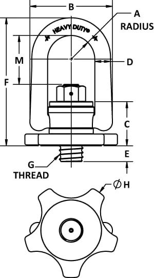 Diagram of Spin-N-Lok ADB Hoist Ring One And A Quarter Inch Threaded Stud Forged Alloy Steel with labeled dimensions.