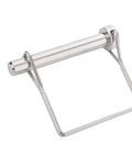 Front view of stainless steel PTO locking pin with folding wire bail handle, 3/8 x 2-3/4 in.