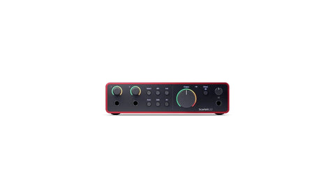 Scarlett 2i2 4th Gen USB-C Audio Interface front panel with dials and buttons for studio recording bundle