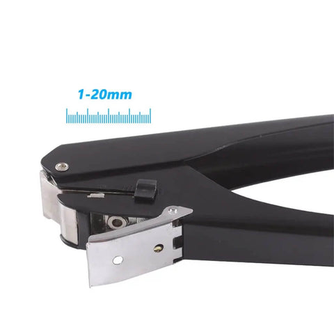 Metal Oval Single Hole Punch 4 15mm Hole Puncher Workhorse with lever action, black heavy-duty tool, close-up view with 1-20mm measurement