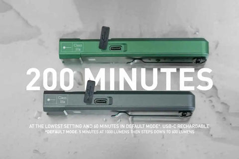 Tracer 1000 Lumens Ultra Slim EDC Flashlight forest green, USB-C recharge port, top view, pocket-friendly design