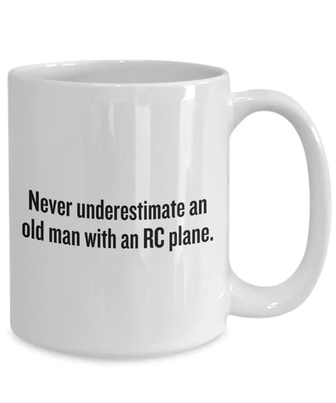 RC Aircraft Coffee Mug Gift For Plane Nerds And Pilots, Durable Ceramic Cup For RC Plane Lovers, Funny Old Man With An RC Plane Theme, Dishwasher Safe Microwave Safe, Perfect RC Hobby Present on white mug.