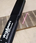 Side view of Lumber Wizard 5 metal detector for woodworking, black handheld device with WIZARD label and pink laser line