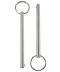 Two 316 stainless steel quick-release pins with rings for marine bimini top hardware; 5/16" diameter, 4.72" overall length
