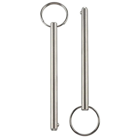 Two 316 stainless steel quick-release pins with rings for marine bimini top hardware; 5/16" diameter, 4.72" overall length