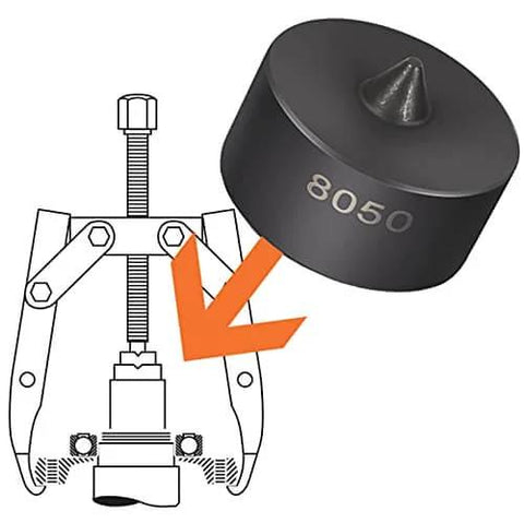 Image of Six Piece Shaft Protector Set For Grip O Matic Pullers And Push Pullers Protects Shaft Centers From Distortion Under Heavy Puller Pressure Replacement For 8056 with close-up of a black shaft protector labeled 8050.