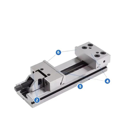 Straight Up Heavy Duty Machine Vise With Six Inch Jaw Width, Fifty Millimeter Clamp Height, And Two Hundred Millimeter Max Opening showing parts and details.