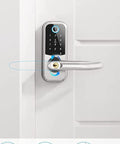 Rock Solid Smart Door Lock With Slick Fingerprint Scanner App remote control and stainless steel latch on a white door.