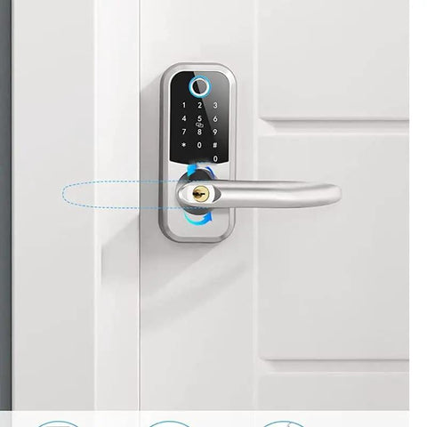 Rock Solid Smart Door Lock With Slick Fingerprint Scanner App remote control and stainless steel latch on a white door.