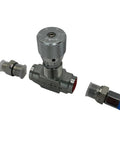 STB-G3/8 W/L08 hydraulic flow-control valve with knurled knob and two connector adapters