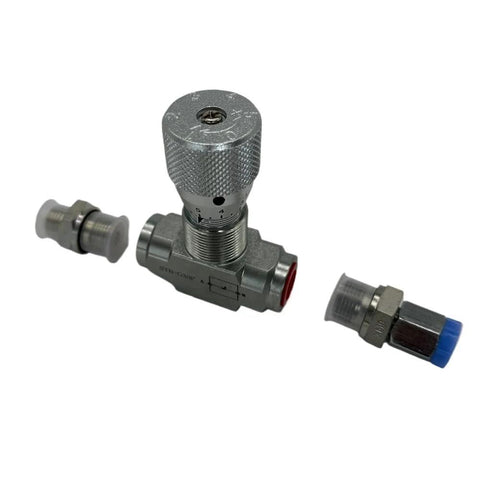 STB-G3/8 W/L08 hydraulic flow-control valve with knurled knob and two connector adapters
