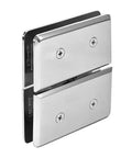 Senior Prima 02 Series Glass-To-Glass Mount Hinge in polished chrome, showing side view; top and bottom mount for 1/2 inch thick glass