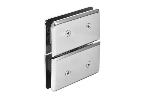 Senior Prima 02 Series Glass-To-Glass Mount Hinge in polished chrome, showing side view; top and bottom mount for 1/2 inch thick glass