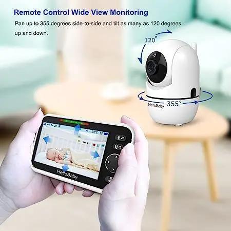 Super Crisp 5 Inch No WiFi Baby Monitor Featuring Dual Pan Tilt Zoom Lenses And Rock Solid Two Way Audio Uses Secure Private Link For Zero Hassle Setup And Smooth Nighttime Coverage Daily remote control display showing camera monitoring from parent unit.