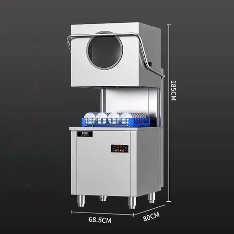 Commercial Fully Automatic Floor Standing Dishwasher Heavy Duty Kitchen Rig Featuring Triple Dirt Blast Filters And No Sweat Sanitizing Cycle For Restaurants And Food Service Operations, silver stainless steel design, displaying dish rack.