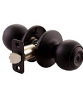 Keyed Entry Ball Door Knob in Matte Black Finish with Brass Construction 2 Way Latch Anti Bump Technology, side view