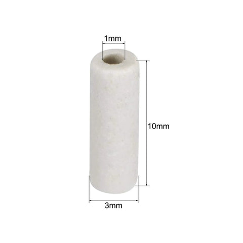 Ceramic insulation tube, white alumina porcelain; 1 mm bore, 3 mm outer diameter, 10 mm long for heating elements.