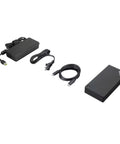 Game Changer Office Bundle With Smart Usb C Dock 96W Fast Charge And 4K Video includes a power adapter and USB cables in black.