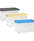 Ready To Roll Plastic Storage Crate With Secure Snap Top Lid For Home Garage Organization Heavy Duty 55 Liter Multi Color Hauling Tote Bin Built To Rock And Roll - three bins in black, yellow, and blue.