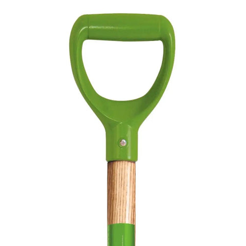 Green ergonomic handle of Three-Piece Small Spaces Gardening Kit with Border Spade, Digging Fork, and Round Point Shovel for tight spots.