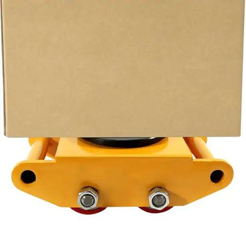 Beefed Up Heavy Duty Machinery Skate Dolly 13200 Lbs Capacity Industrial Mover For Smooth Equipment Transport And Relocation In Warehouses And Factories Built For Heavy Gear Handling And Quick Maneuverability. yellow steel machinery skate dolly under box, 4 PU wheels