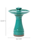 22 Inch Ceramic Bird Bath Fountain With Lotus Design, Freestanding Outdoor Water Feature, Aqua Green Glazed Weather Resistant.