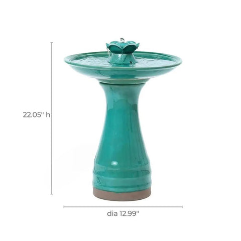 22 Inch Ceramic Bird Bath Fountain With Lotus Design, Freestanding Outdoor Water Feature, Aqua Green Glazed Weather Resistant.