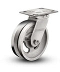 Swivel caster with V-groove wheel, steel construction, 5-inch wheel diameter with mounting plate