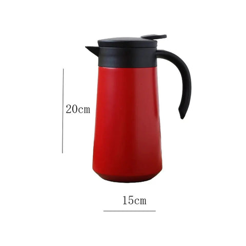 Heavy Duty Stainless Steel Vacuum Flask With Secure Handle Leakproof Travel Mug 20cm tall and 15cm wide in red.