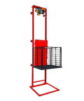 Heavy Duty Electric Hydraulic Lift Table And Portable Scissor Flatbed Cart with black wire basket and red frame.