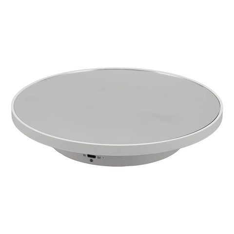 White Electric Turntable for jewelry displays showcasing a 360-degree glass rotation for pro-quality photos.