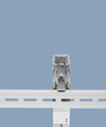 Close-up of 12V DC DIN Rail Power Supply 120W 10A Dual Output Wide 100 To 240VAC Input 12VDC Output Rugged Industrial Grade installed on rail.
