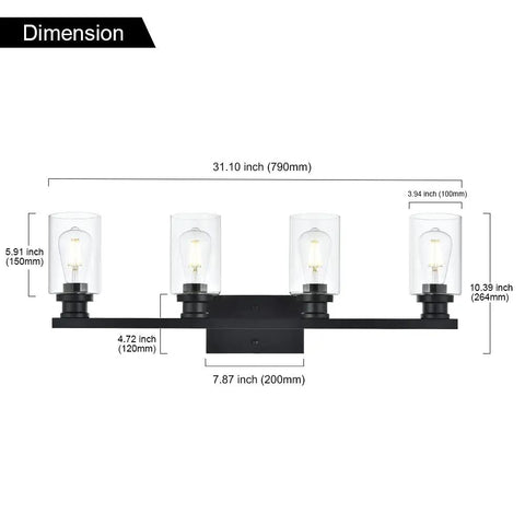 Industrial Indoor Four Light Bathroom Vanity Light In Black With Clear Glass Shades, dimensions 31.10 x 10.39 inches