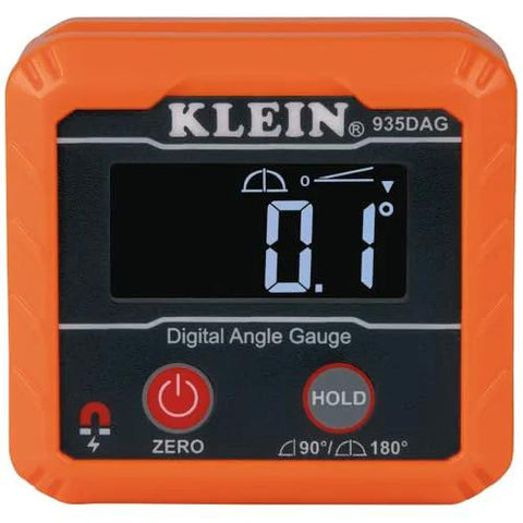 Klein Tools 935DAG digital angle gauge with orange housing, front view, displays 0.1° and ranges 0–90°, 0–180°