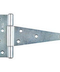 6 Inch Zinc Plated Extra Heavy T Hinge With Weatherguard Protection, steel construction with offset holes, for interior and exterior use.