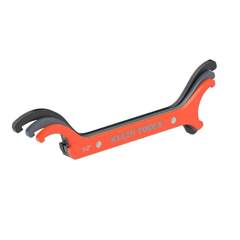 Conduit Locknut Wrench Set in Compact Alloy Steel Design With Magnetic Storage Built For Tight Spots Includes One Half Inch Three Quarter Inch And One Inch Wrenches, showing orange steel wrench with size markings.