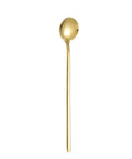 Golden long-handled stirring spoon against white background