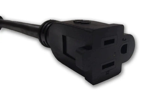 Heavy Duty Stove Power Converter Cord Adapting 240 Volt Nema 10 50 High Voltage Plug To Standard 120 Volt Home Outlet close-up view of male connector.
