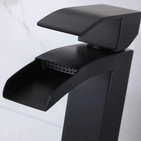 Dope Sleek Black Vessel Sink Faucet With Waterfall Spout And Single Handle, Tall Vanity Faucet For RV And Home, Pop Up Drain Included, Easy Install, Two Three Eighths Inch Hoses